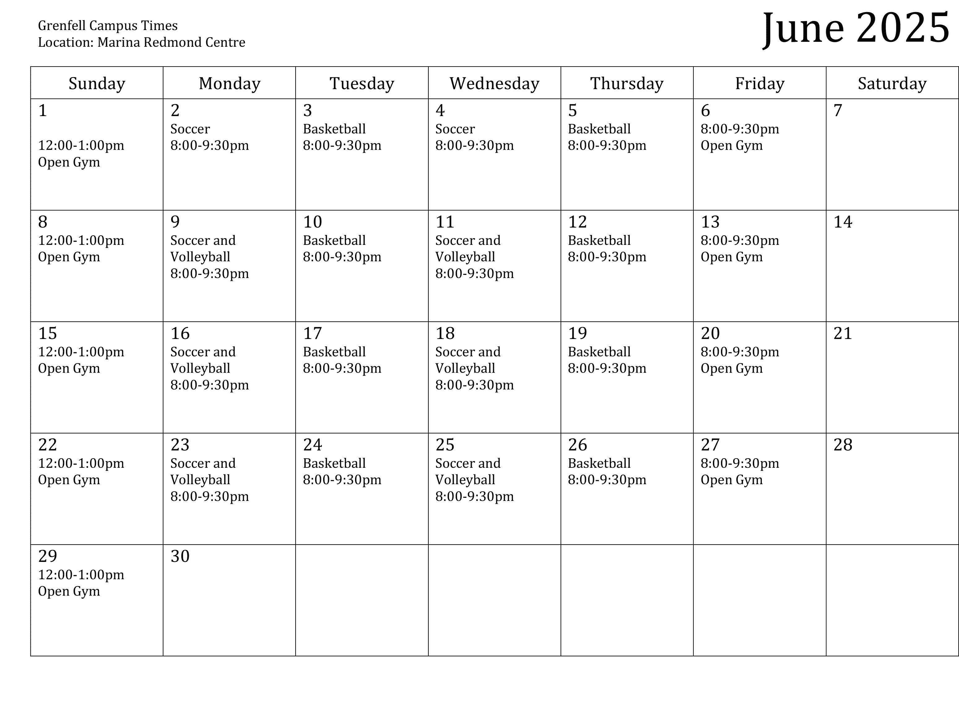 June 2025 schedule